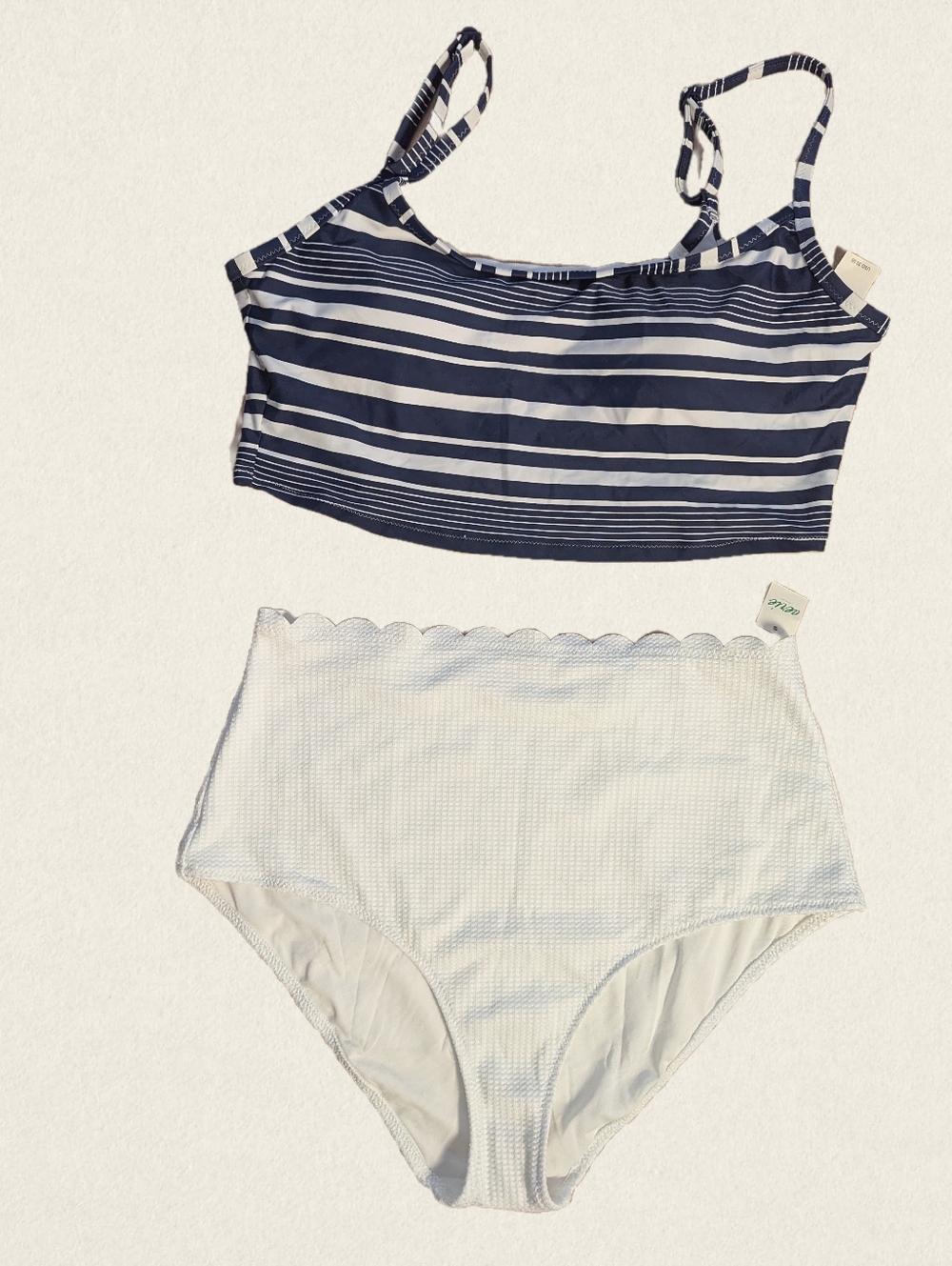 Aerie Size L White Scalloped HighWaist Bottoms With Striped Navy Crop Bikini Top